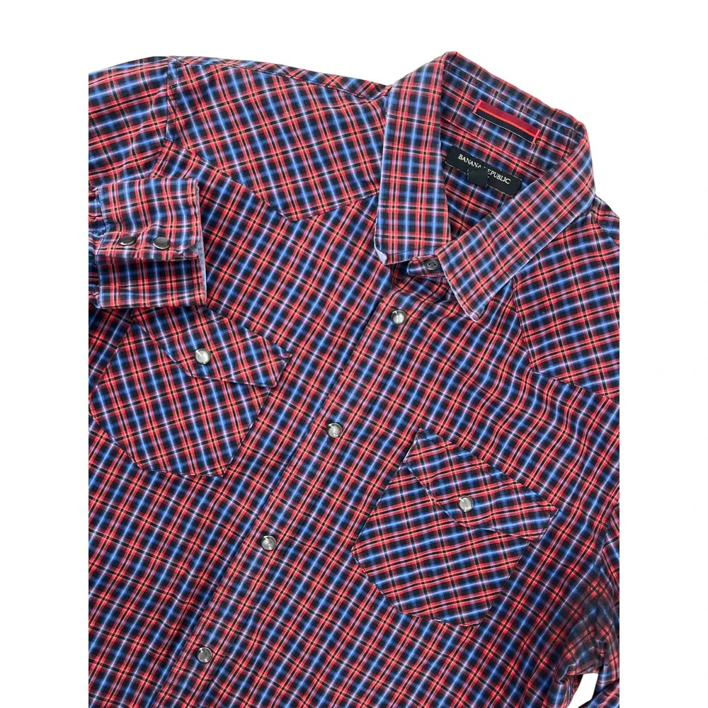 Banana Republic Mens Slim Fit Western Plaid Snap Front Shirt Red Blue L V/1204